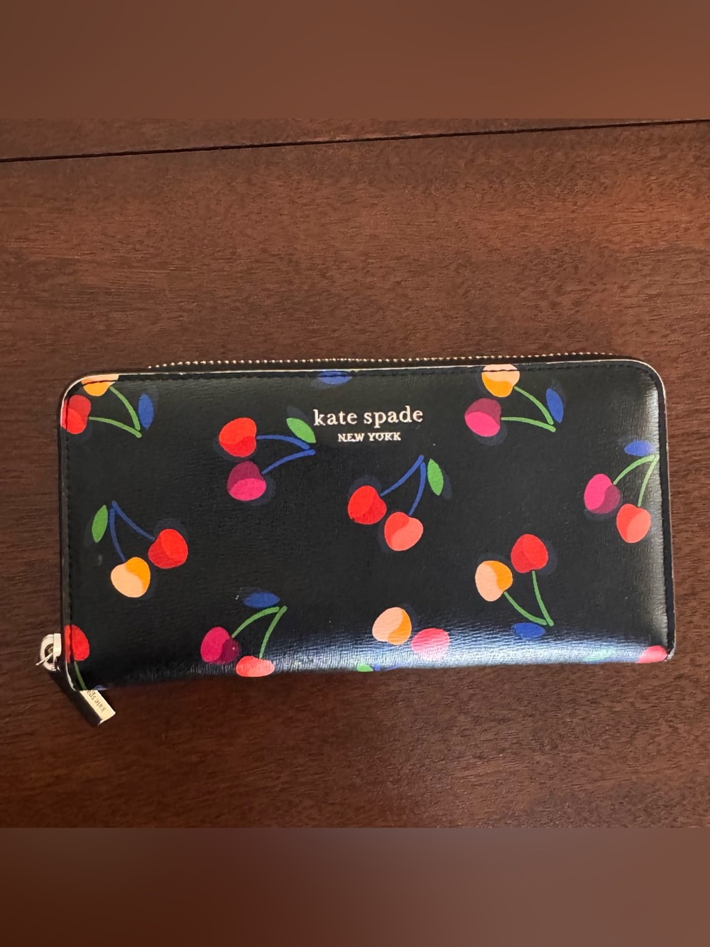 Kate Spade Spencer Cherries Zip Continental Wallet Black Leather Colorful Print